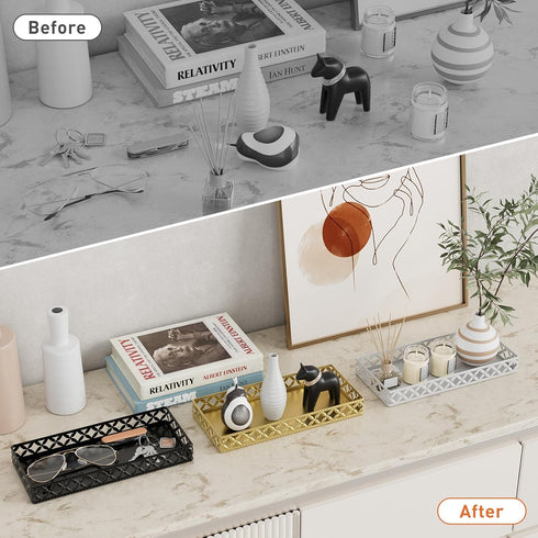 11 Inch Gold Bathroom Vanity Tray, Small Decorative Countertop Organizer for Perfume, Makeup, Cosmetic Jewelry
