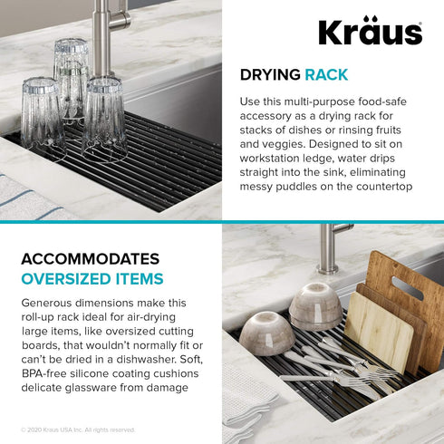 Kraus KRM-11YL Multipurpose Workstation Sink Roll-Up Dish Drying Rack, Colander and Trivet in Yellow