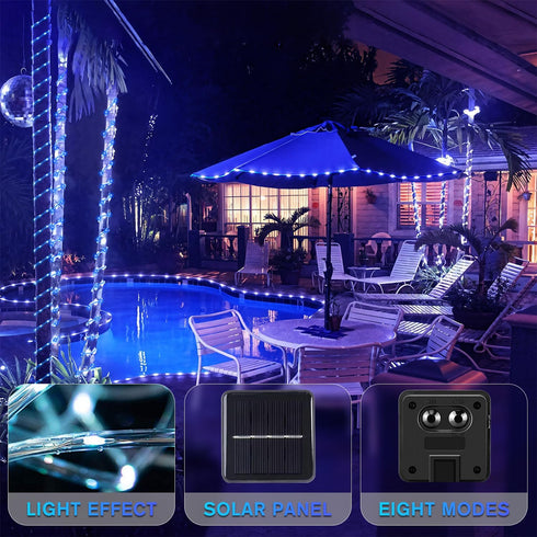 33FT 100 8 ANJAYLIA LED Solar Rope Lights Outdoor Waterproof, Solar Powered Rope String Lights with Modes for Outdoor