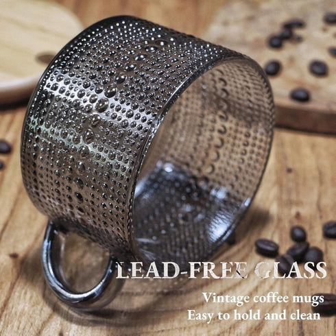 14 Oz Set 2 Vintage Glass Coffee Mugs, of Embossed Glassware Tea Cups for Breakfast, Dessert, Cappuccino, Latte