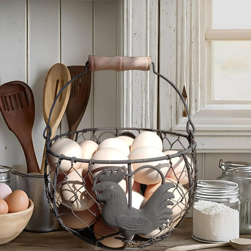 LINCOUNTRY. Countertop Chicken Wire Egg Basket for Gathering Fresh Eggs, Round Metal Egg Collecting Basket with Wooden