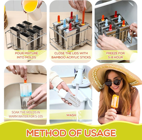 Jingmore 6 Frozen Stainless Steel Pop Molds, Round Head Metal Pop Molds with Holder & Reusable Sticks, Metal Ice Cream