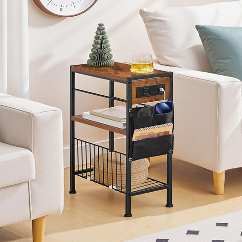 3-Tier BF412UBZ01 HOOBRO End Table with Charging Station, Small Side Table with Magazine Holder, Nightstand Bedside