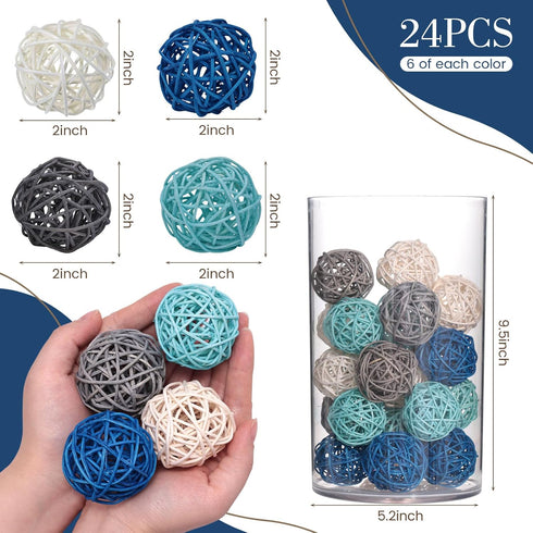 DomeStar 24PCS Blue Decorative Balls, 2 Inch Rattan Balls for Bowl Centerpiece Decor