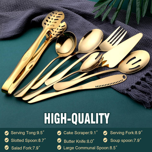 Gold Serving Utensils, OGORI 8-Piece Polished Stainless Steel Flatware Silverware Set Include Serving Spoon, Slotted Spoon, Soup Spoon, Cake Server, Fork, Salad Fork, Butter Knife, Serving Tong by OGORI
