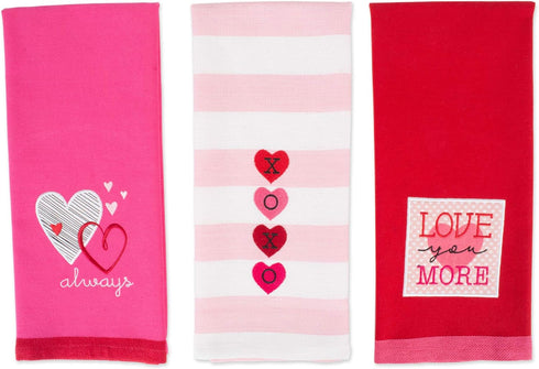 DII Valentine's Day Collection Kitchen Dishtowel Set, 3 Piece, 18x28, Embellished Hearts