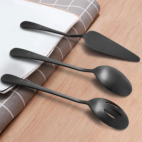 LIANYU 5-Piece Matte Black Serving Utensils Set, Stainless Steel Serving Set with Spoon, Fork, Flatware for Buffet