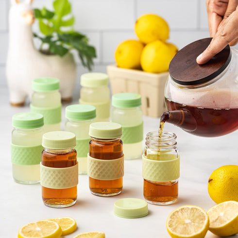 2oz, Juice Shot Containers, Glass, Clear, Colored Lids & Silicone Grip Bands, Beverage Storage, Juicing, Ginger