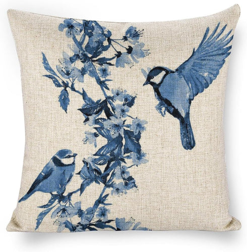 Chinoiserie Pillow Cover Blue Cherry Blossom and Birds Cotton Linen Decorative Throw Pillow Case Cushion Cover for