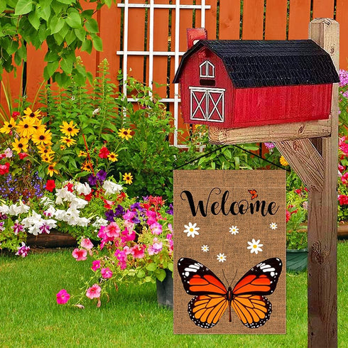 Welcome Monarch Butterfly Garden Flag | Double Sided Burlap Vertical Yard Flags for Personalized Decor 12.5x18 Inch