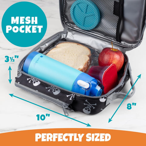 Kids Pirate Insulated Lunch Box with Snack Pocket & Water Bottle Holder - Reusable Bag for Back to School
