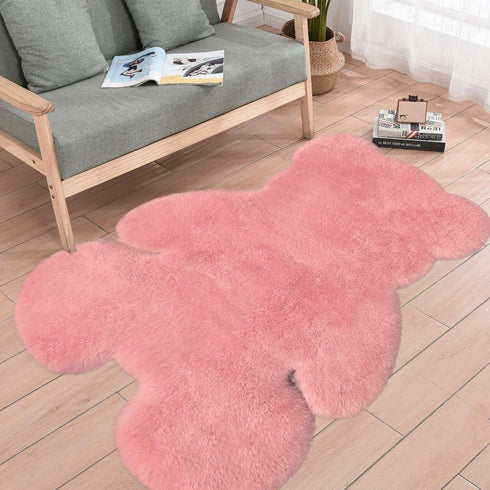 4.6x6 ft Pink Bear Soft Fluffy Large Rug, Shaggy Faux Sheepskin Fur Rug Fuzzy Shag Area Rug Cute Plush Carpet