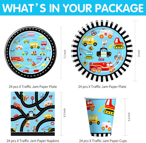 Xigejob 24 Traffic Jam Cars Trucks Transportation Birthday Party Supplies Dinnerware, Plate, Cup, Napkin, Tablecloth