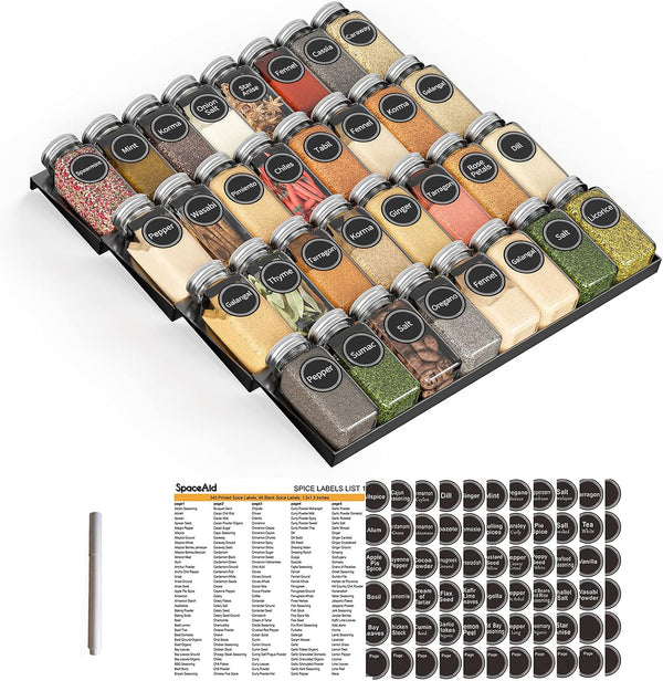 SpaceAid Spice Drawer Organizer with 32 Spice Jars, 386 Spice Labels, 4
