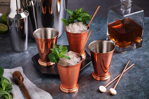 Sol Living Mint Julep Cups Set of 4, 12 oz Stainless Steel Lining Copper Cups for Cocktails and Mixed Drinks Barware Set