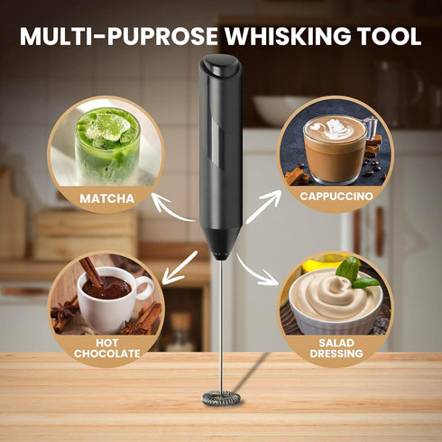 Handheld Milk Frother with Stainless Steel Stand, Battery Operated Whisk Maker for Lattes, Coffee, Cappuccino