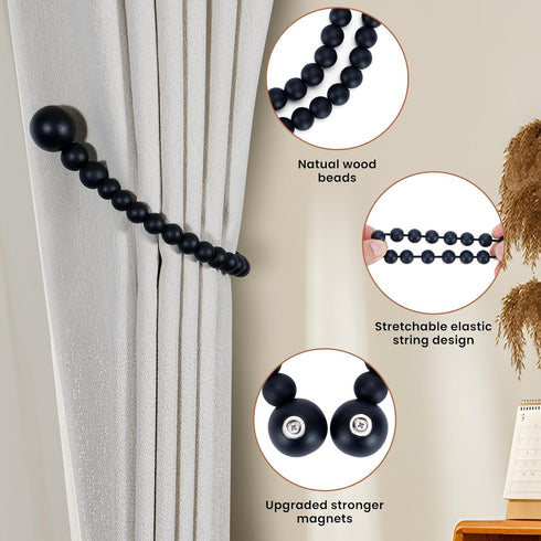 Magnetic Curtain Tiebacks, 2 Pack Curtain Tie Backs for Curtains, Wood Bead Curtain Holders for Boho Bedroom Decor,