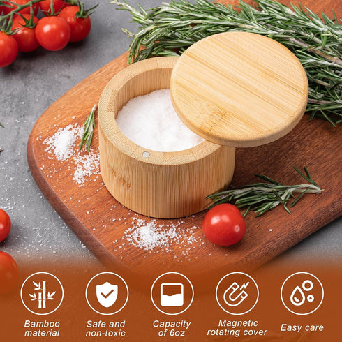 Husfunov 6 Bamboo Salt Cellar, Magnetic Swivel Lid Salt Box, Round Container for Storing Pepper Sugar Herbs, Ounce