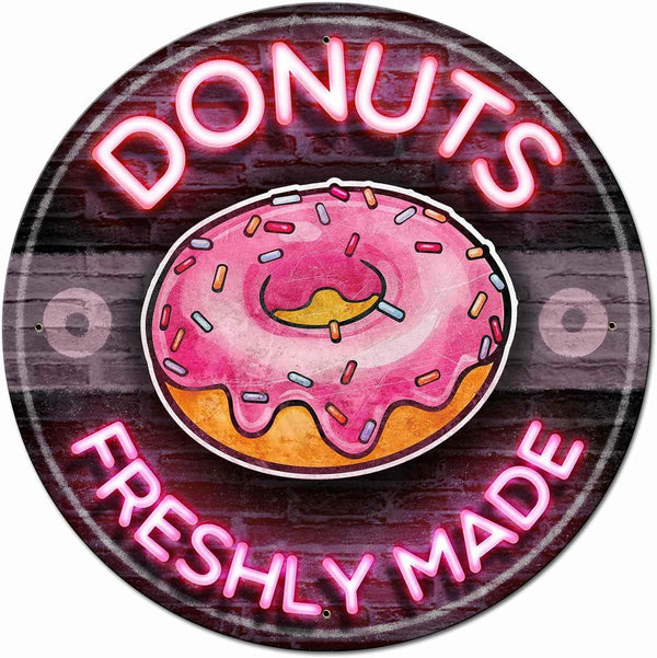 Lenrius Vintage Donuts Freshly Made Round Tin Sign, 12x12 in, Home Kitchen Coffee Office Art, Pink