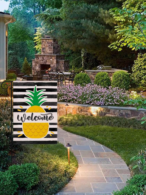 Welcome Summer Pineapple Stripes Garden Flag, Double Sided Burlap Flag for Yard Lawn Outdoor Decor