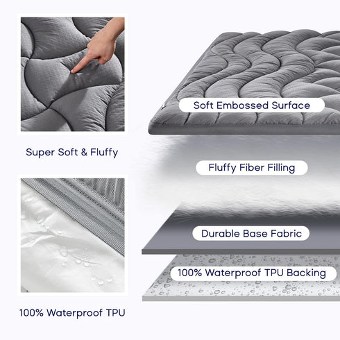 SLEEP ZONE Grey Waterproof Mattress Pad, Extra Long Twin College Dorm Bedding, Quilted Fitted Protector Cover