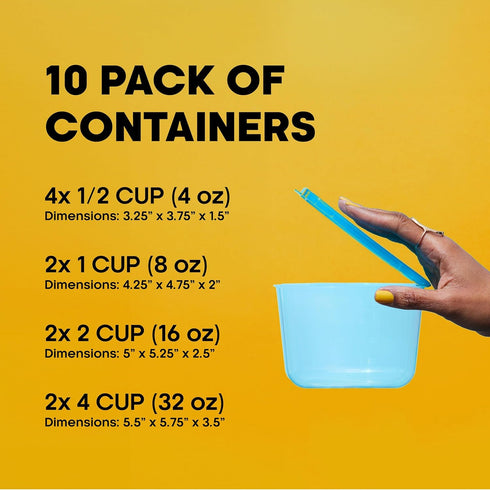 Premium Food Storage Containers, 10 Pack, Permanently Attached Plastic Lid, Space Saving Organization