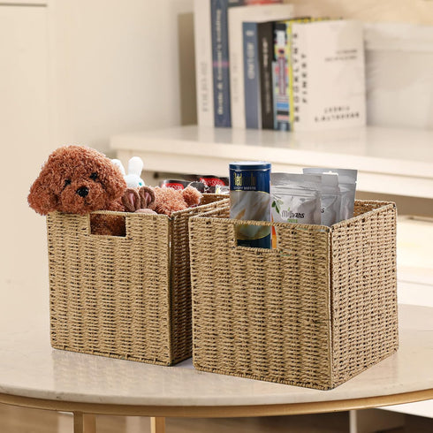 Vagusicc Wicker Storage Basket, Set of 2 Hand-Woven Baskets with Handles, 9 inch Foldable Cube Storage Bins for Pantry