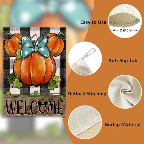 Welcome Fall Pumpkin Decorative House Flag, Autumn Thanksgiving Buffalo Plaid Check Garden Yard Decor