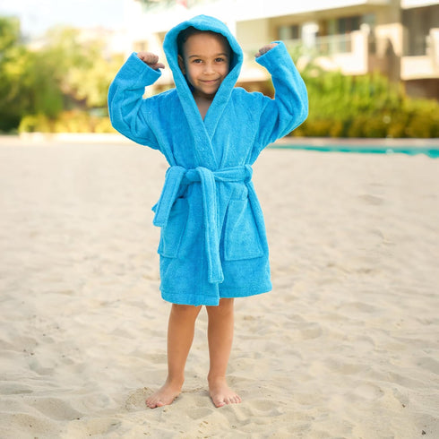 5-6 BAGNO MILANO Kids Organic Turkish Cotton Hooded Beach Cover-Up Towel, GOTS Certified, for Boys and Girls (Blue