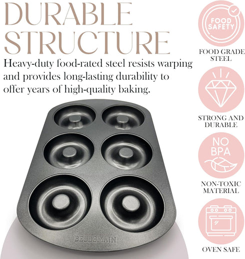 Bellemain Premiere Donut Pan for Baking, Nonstick 12.5 x 8.5” with 6-Doughnut Molds, Includes 2 Steel Trays
