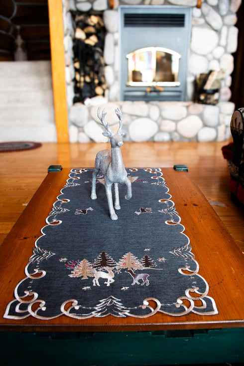 Embroidered Christmas Holiday Table Runner, Silver Reindeer & Scene on Dark Gray, Rectangle 16Wx33L