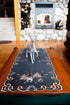 Embroidered Christmas Holiday Table Runner, Silver Reindeer & Scene on Dark Gray, Rectangle 16Wx33L