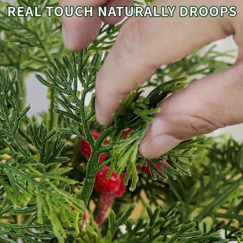 Kunjocy 40PCS Christmas Artificial Pine Branches Frosted Berry Stems Fake Evergreen Norfolk Cypress Sprigs Holly