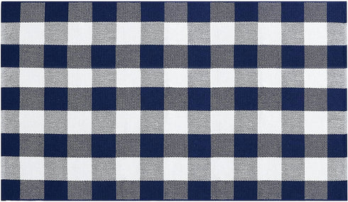 SEEKSEE Cotton Buffalo Plaid Rug 27.5"x43" Navy Blue and White Checked Washable Doormats for Indoor Outdoor