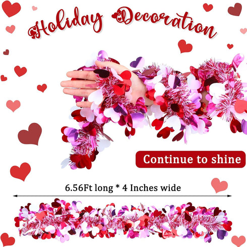 Janinka 6 Pcs Valentine's Day Tinsel Garland, 39ft Red and White Heart Metallic Decor for Wedding Party