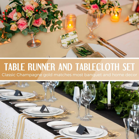 24 Packs Set, 54 108 Inch 12 108 Inch Breling White and Gold Disposable Plastic Tablecloths and Satin Table Runner x
