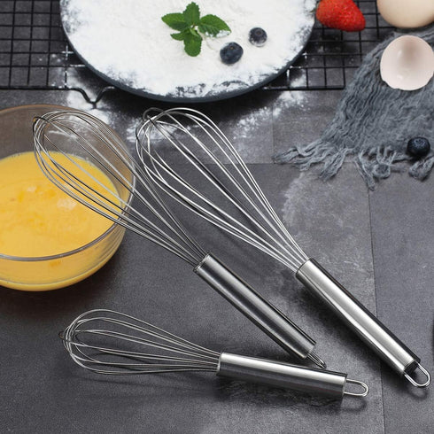 Berglander Whisk Set Pack of 3, Stainless Steel Cooking Whisks 8", 10", 12" Wire Balloon Whisk (Silver)