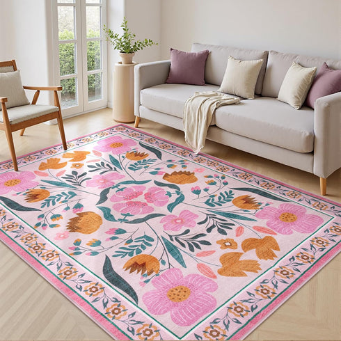 5x7 (Pink,5'x7') Beeiva Pink Flower Rugs for Bedroom Girls, Nursery Rug for Dorm Carpet with Low-Pile Non Slip, Soft