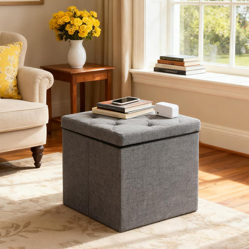 ZEUKMXOO 15'' W Storage Ottoman Bench, Folding Storage Bench Ottoman, for Bedroom, Living Room, and Utility Room, Grey