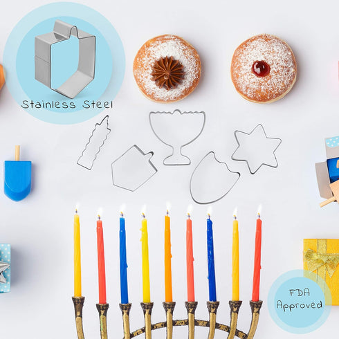 Hanukkah Fun Stainless Steel Cookie Cutters Set of 5 - Chanukah Story Shapes: Menorah, Dreidel, Candle, Maccabee