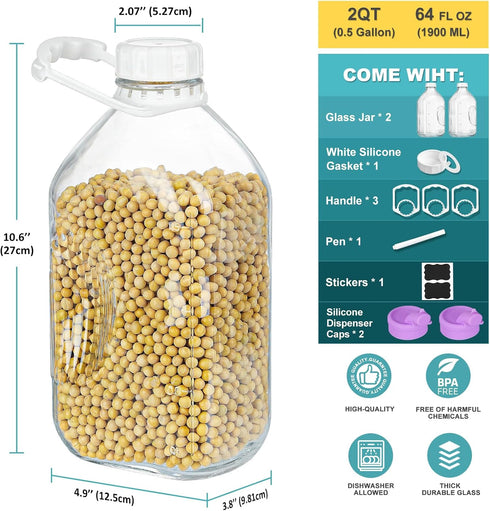 2 Pack 64 Oz 1 3 2 2 1/2 Heavy Duty Glass Milk Bottle with Silicone Spout and Reusable Airtight SCREW LID, Qt Glass