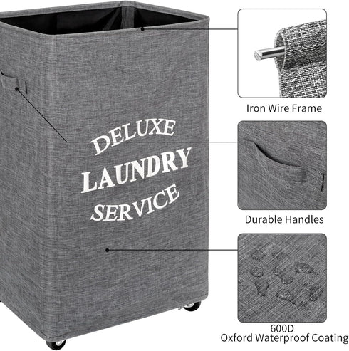 90L (Grey2) WOWLIVE Large Rolling Laundry Basket Wheels Collapsible Tall Laundry Hamper Handle Foldable Dirty Clothing