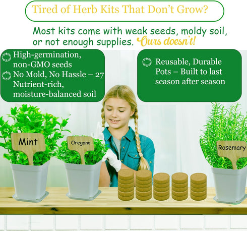 DESAI Garden 9 27 Indoor Herb Garden Kit, Non-GMO Seeds with Reusable Pots, Planter DIY Grow Kits for Growing Herbs