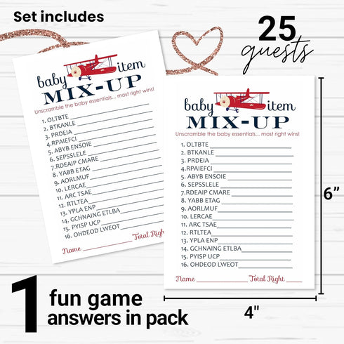Airplane Baby Shower Games for Boys, Word Scramble Activity, 25 Cards, Adventure Theme in Red and Blue