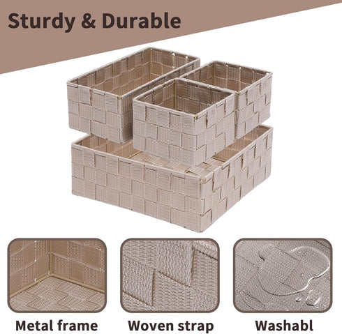Drawer Organizer Bins, Woven Storage Stackable Box Set of 4 for Organizing Drawers, Shelves, Cabinets