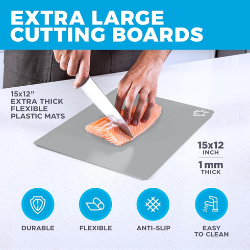 Extra Thick Flexible Cutting Mat Set, 4 Mats with Food Icons & "EZ-Grip" Back for Kitchen Use