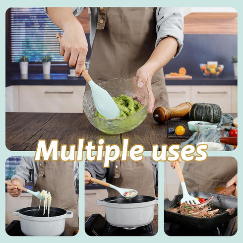 QMVESS Silicone Kitchen Utensils Set, 35 Pcs Non-Stick Cooking Accessories with Wooden Handles