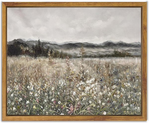SHENIFY Vintage Landscape Framed Canvas Wall Art, Prairie in Full Bloom Classic Oil Painting for Kitchen Office Decor -