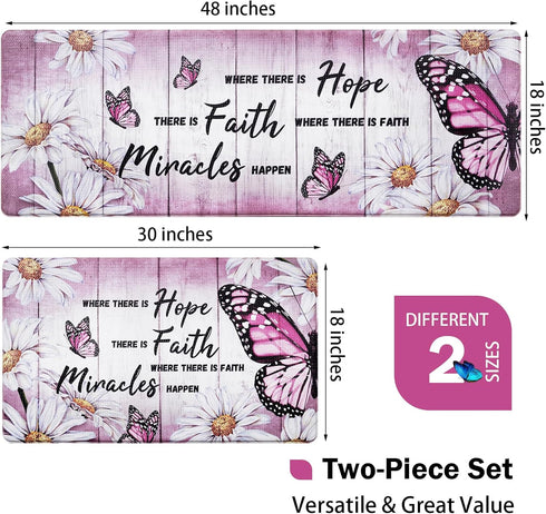 Likiyol Butterfly Kitchen Rugs, Set of 2 Anti Fatigue Mats for Kitchen Floor, Non-Slip Washable Daisy Floral Pink