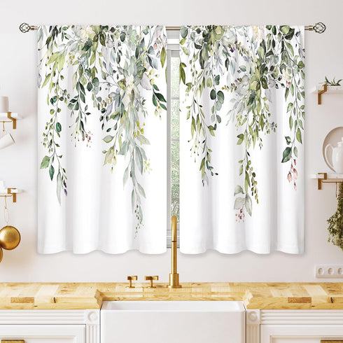 Sage Green Eucalyptus Botanical Leaves Floral Kitchen Window Curtains, 26x36 inch, Short Cafe Drapes for Bathroom